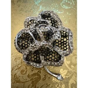 Vintage Gothic Black Rhinestone Rose Flower Pin Brooch Whimsy